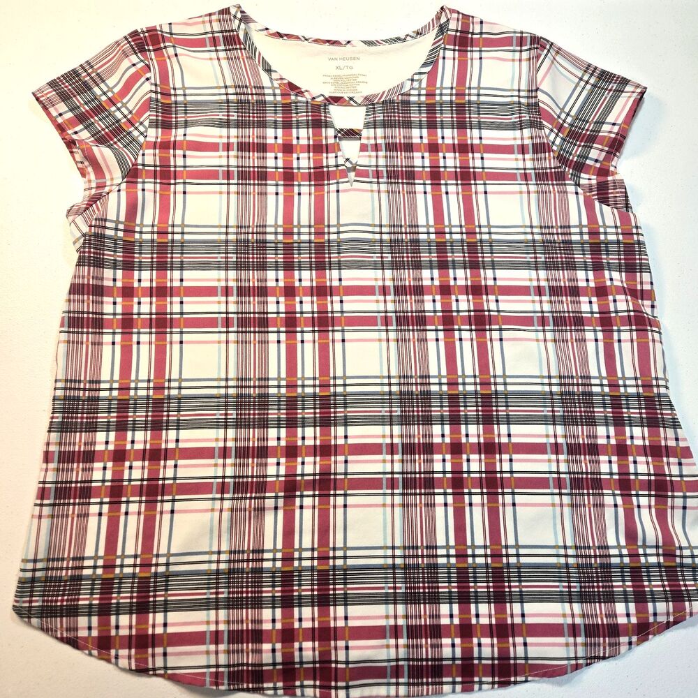 Van Heusen Womens Colorful Plaid Cap Sleeve Blouse Size XL Office City Casual